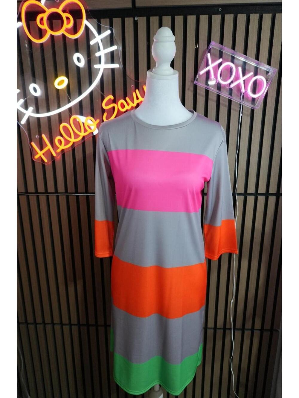 Women's Striped knit Top L Gray Pink Orange Green Crew Neck 3/4 Sleeve